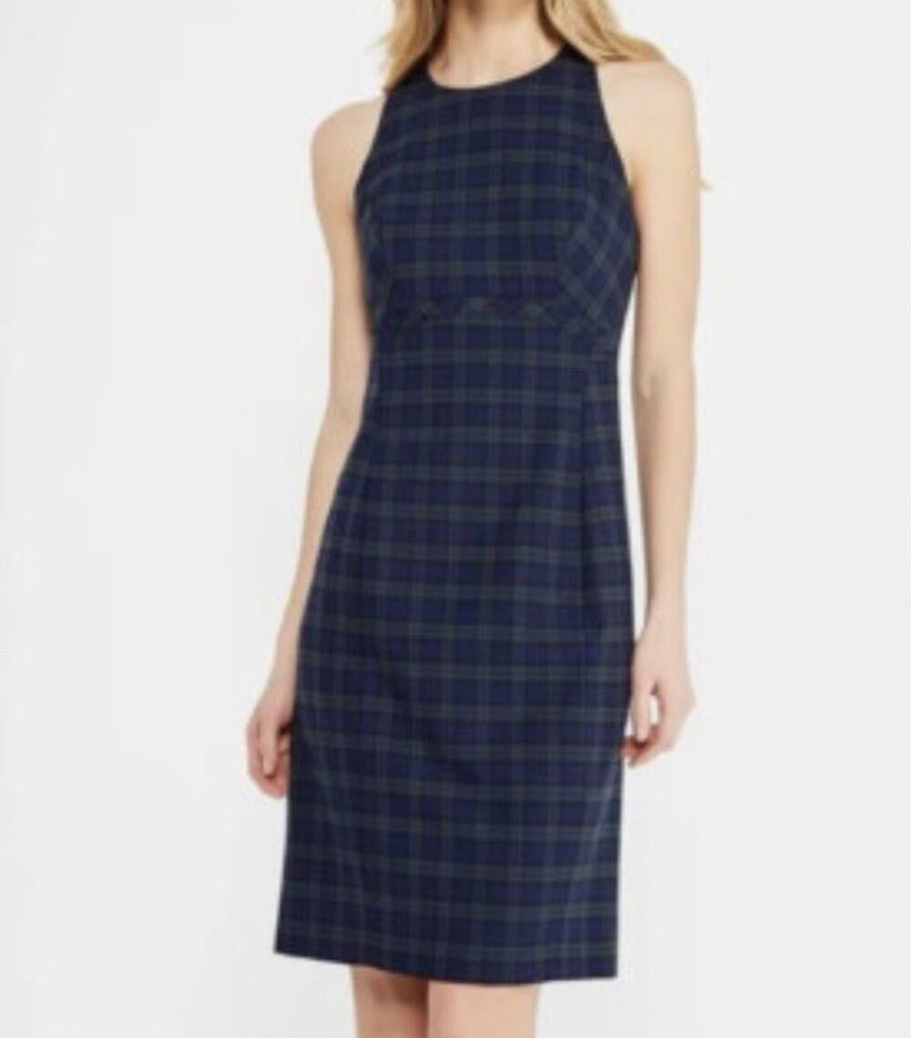 Banana Republic Sleeveless Plaid Midi Dress Women 0 Blue Green Sheath Career